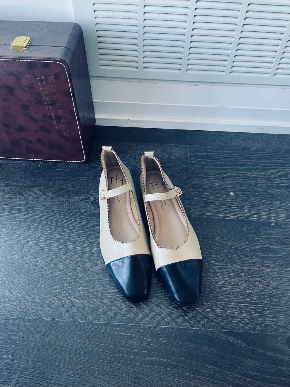 Classic Two-Tone Mary Jane Flats in Beige and Black